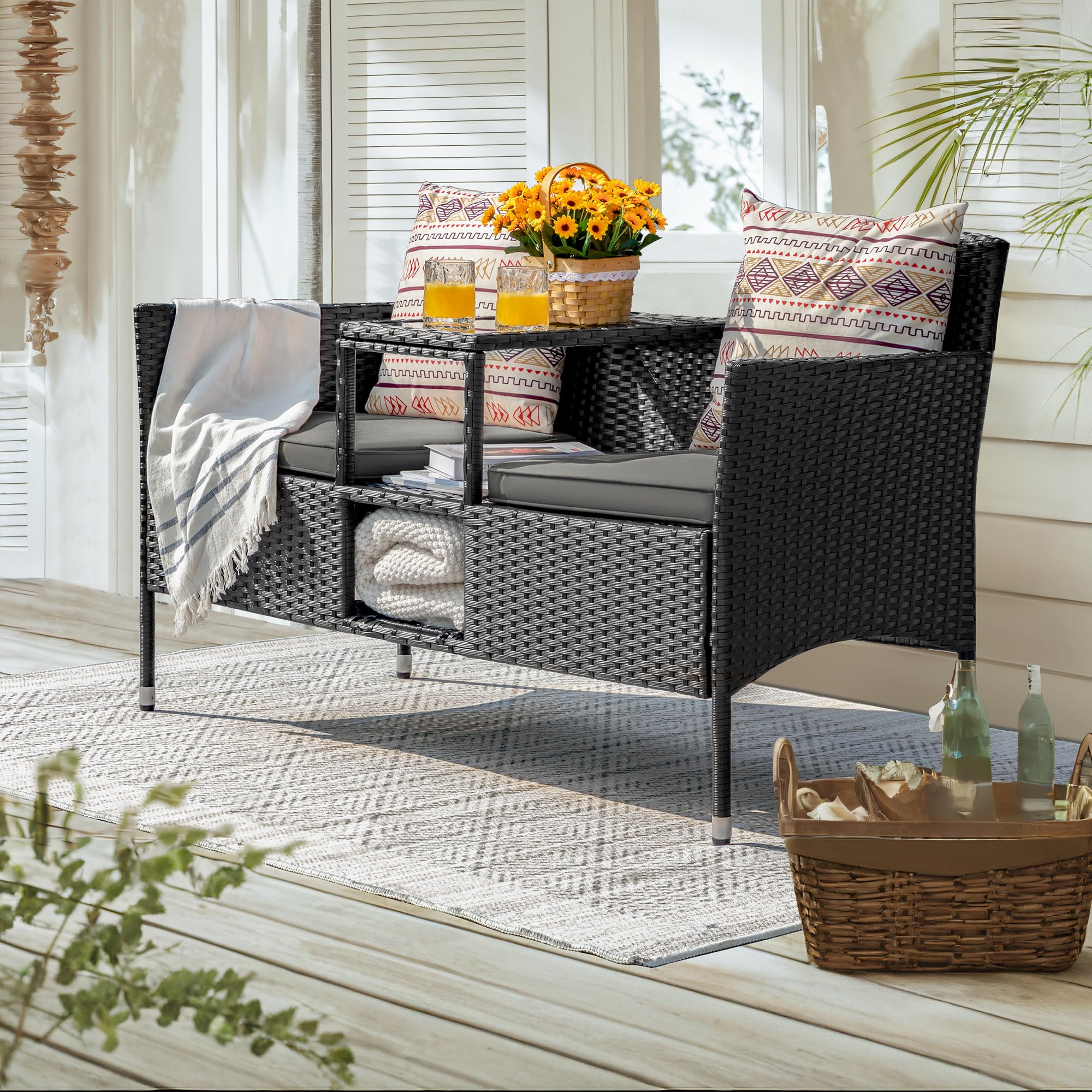 Devoko Outdoor Patio Loveseat Modern Rattan 2-Seat Patio Conversation Set with Cushions & Built-in Coffee Table Porch Furniture for Garden Lawn Backyard (Grey)