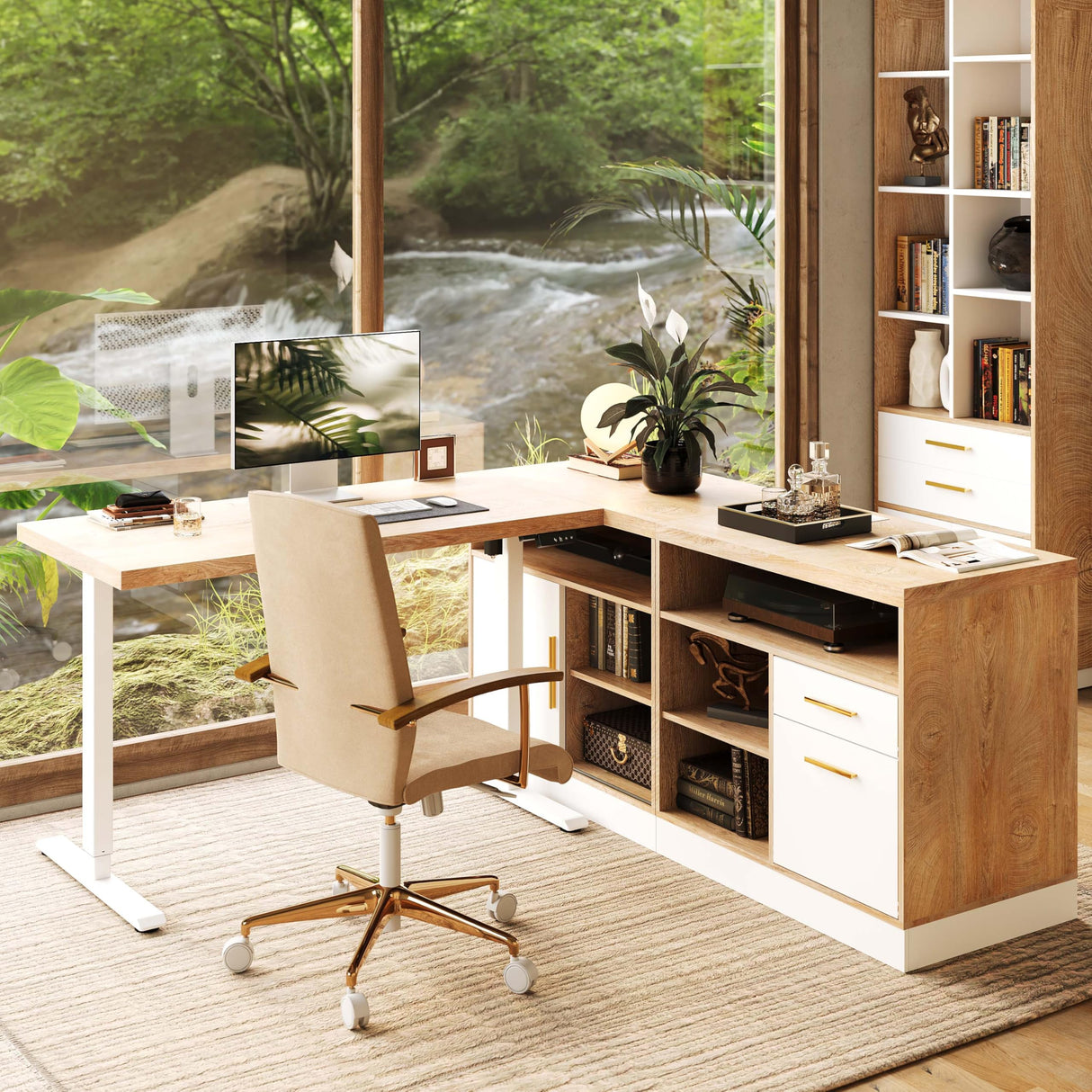 67" Standing Desk with 2 File Cabinets, AC/USB, 1.18" Desktop, L Shaped Height Adjustable