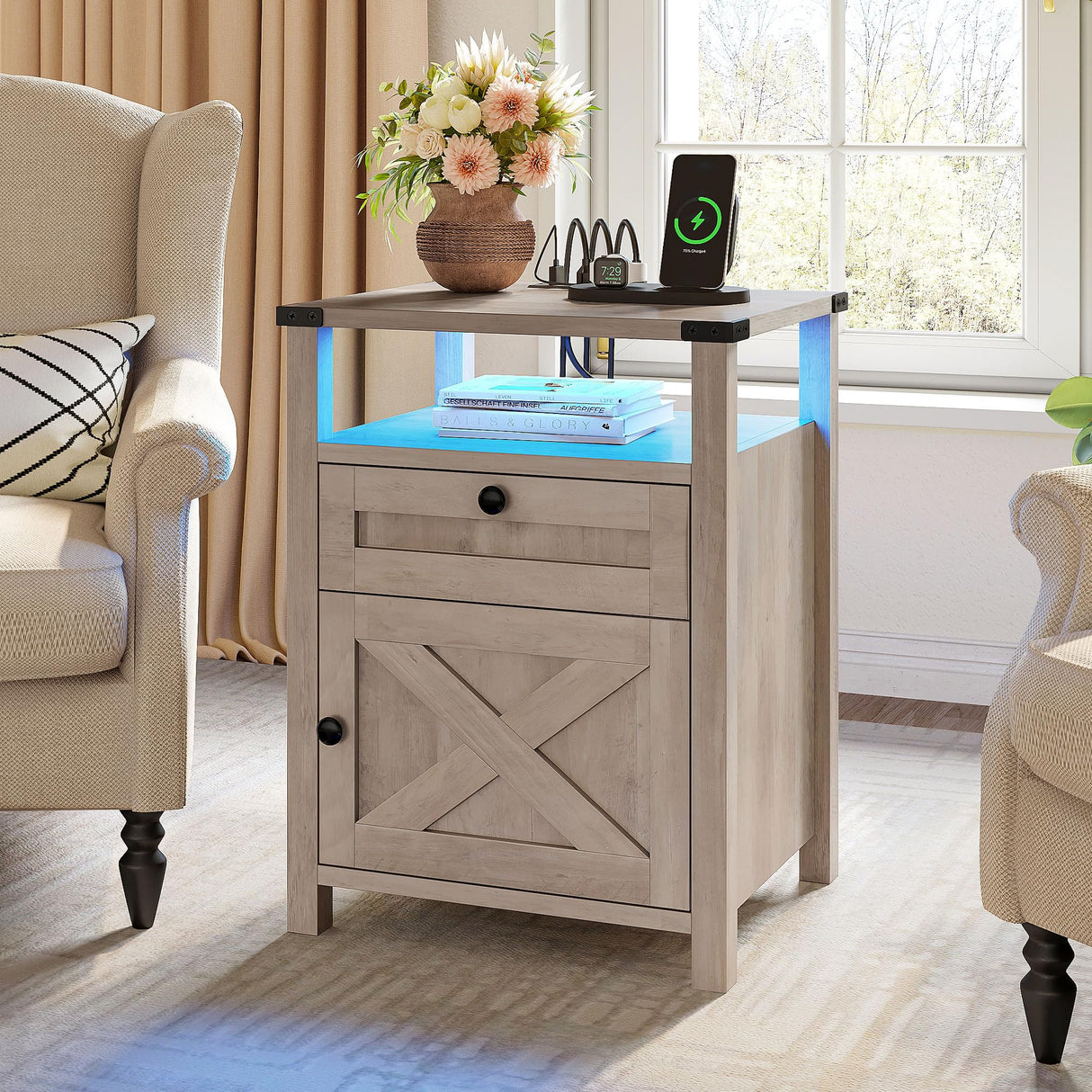 Farmhouse Nightstand with LED Lights & Charging Station, Night Stands with Drawer for Bedroom