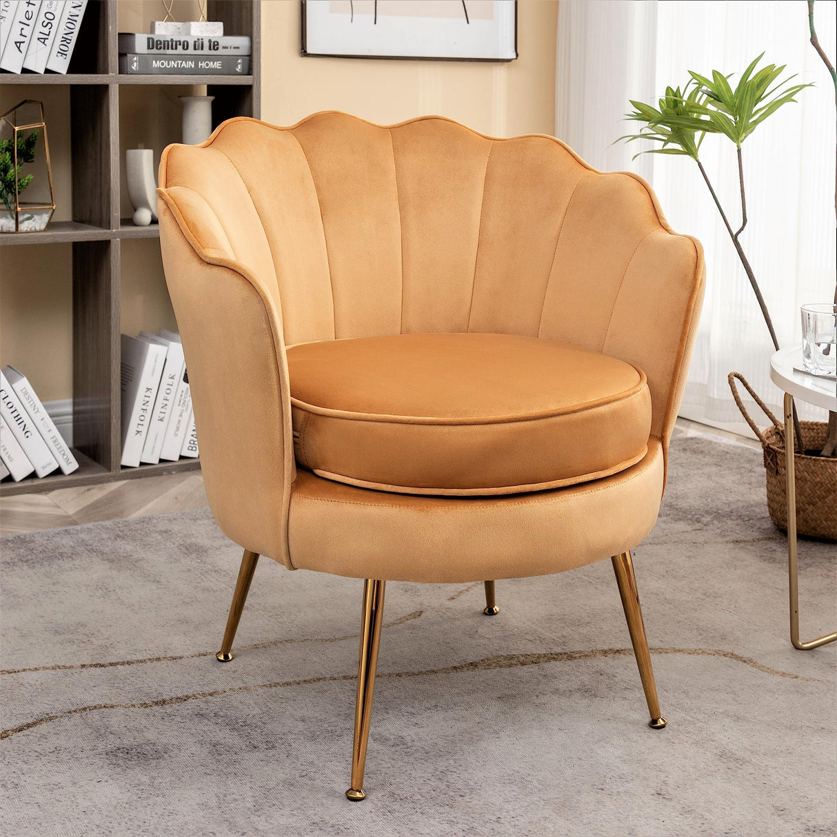 Velvet Barrel Accent Chair with Scalloped Silhouette and Gold Metal Legs, Decorative Piece Suitable for Traditional, Modern, and Contemporary Spaces, Mustard Yellow
