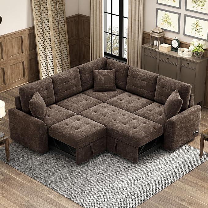125" Pull Out Sleeper Sofa Bed with 2 Back Pillows,Oversized L-Shaped Sectional