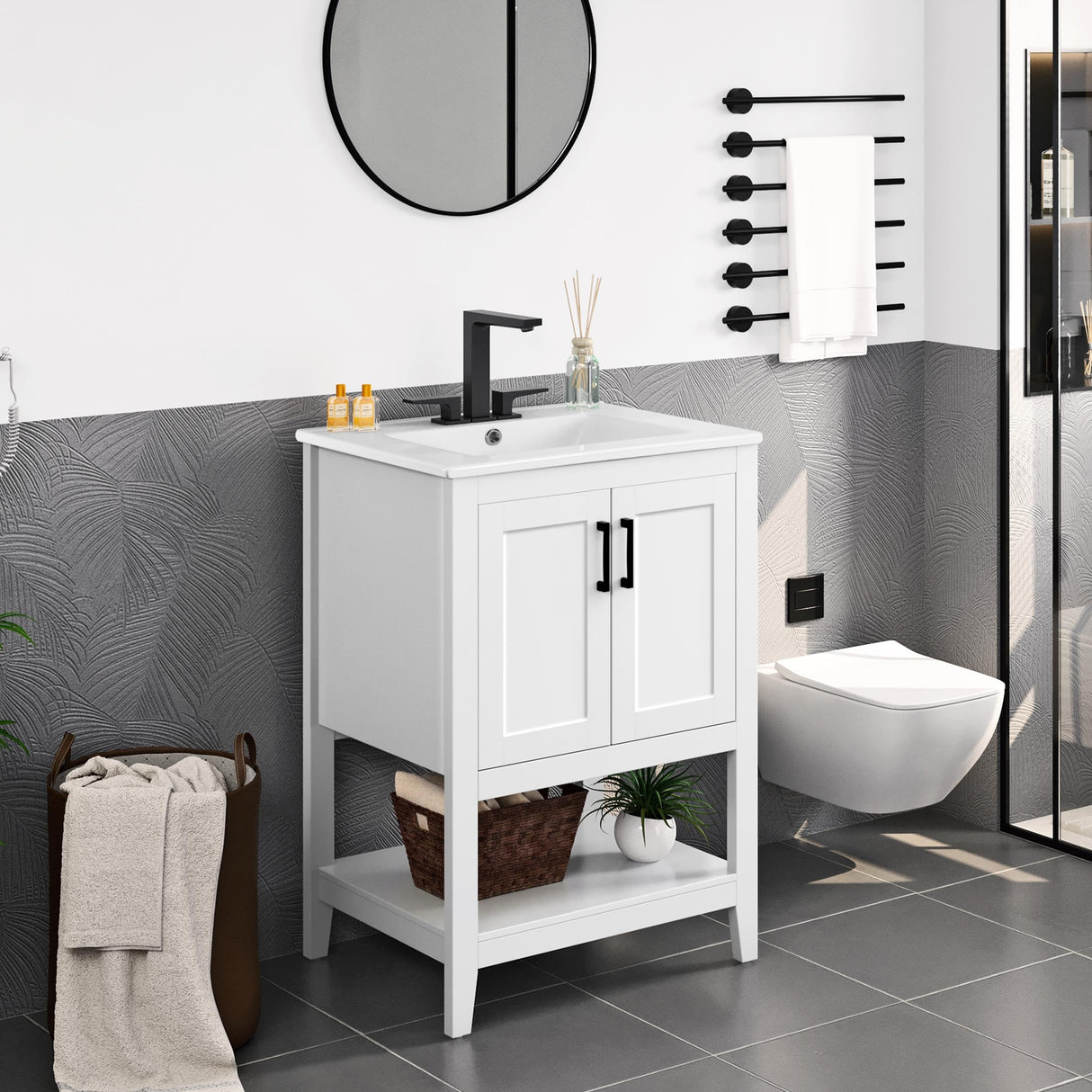 24" Modern Bathroom Vanity with Sink, Bathroom Sink Cabinet with Rectangular Ceramic Basin, Bathroom Vanities