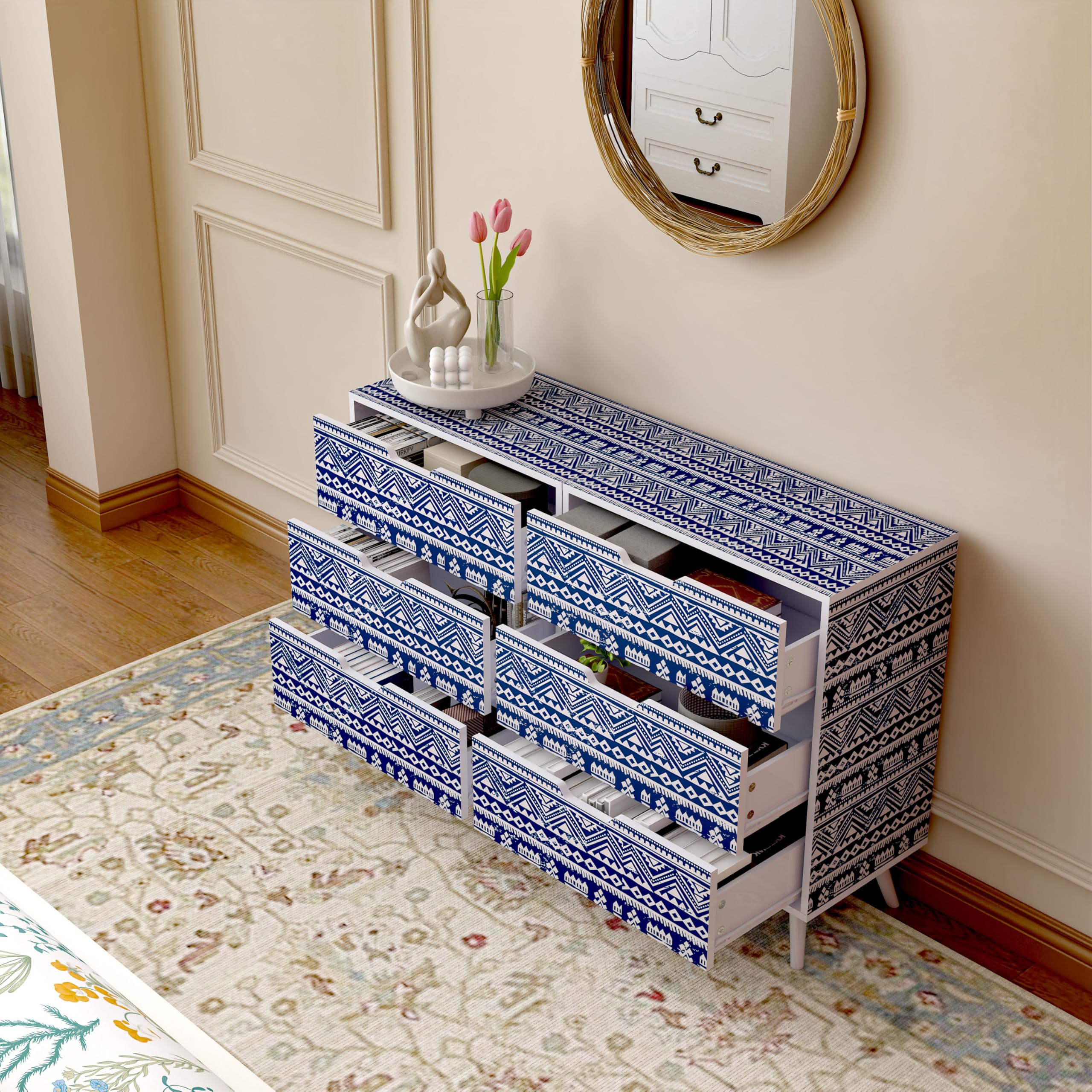 Boho Nightstand Set of 2,Blue Night Stand with 3 Drawer,Bohemian Nightstand Bedside