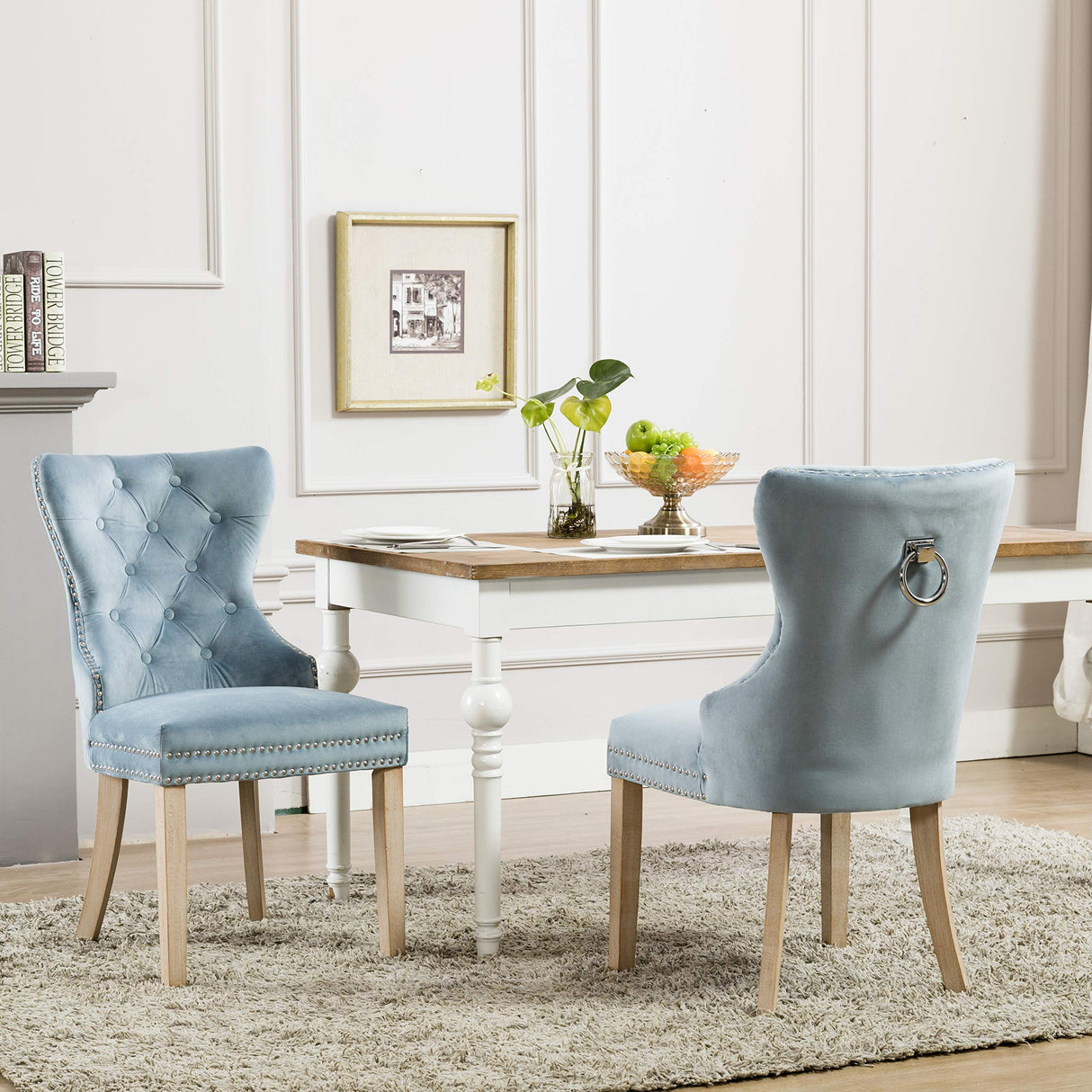 Blue Velvet Upholstered Dining Chairs with Nailhead Trim - Set of 2