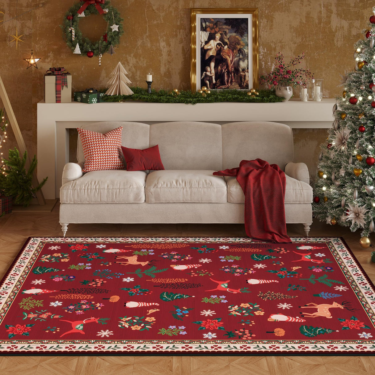 Christmas Rug 8x10 Area Rugs for Living Room Washable Rug Floral Non-Slip Large Rug