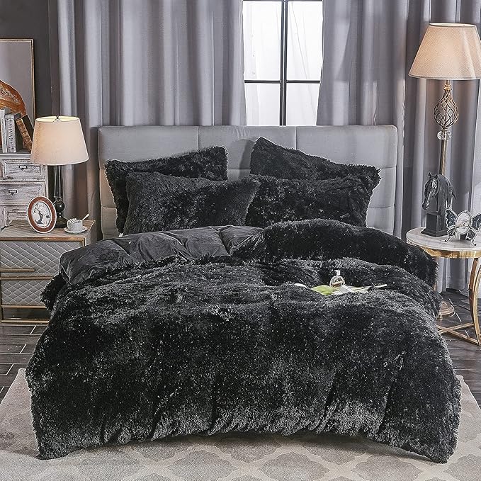 Shaggy Fluffy Faux Fur Duvet Cover Set Button Closure Velvety Bedding Set Comforter