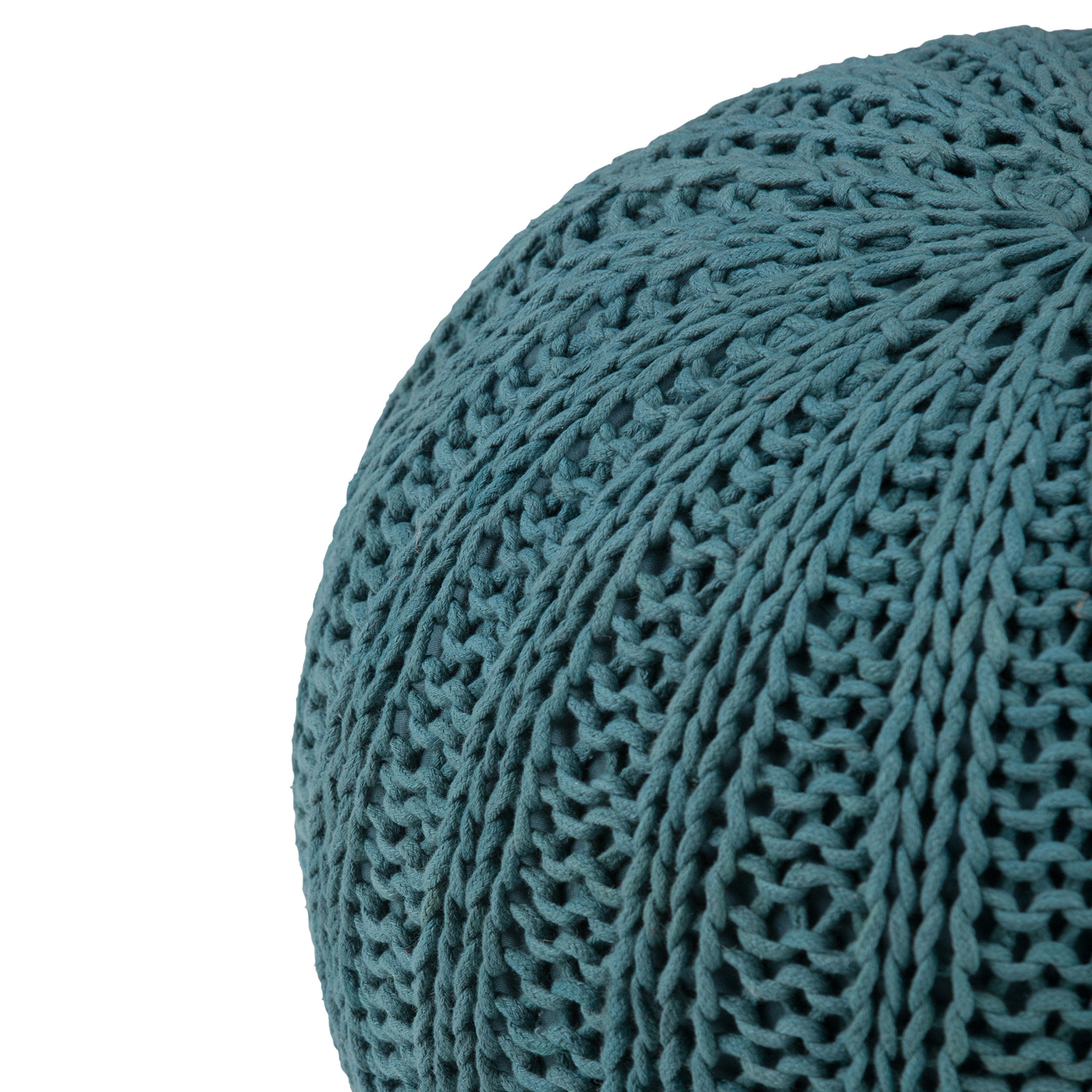 Shelby Round Hand Knit Pouf, Footstool, Upholstered in Teal Cotton, for the Living Room