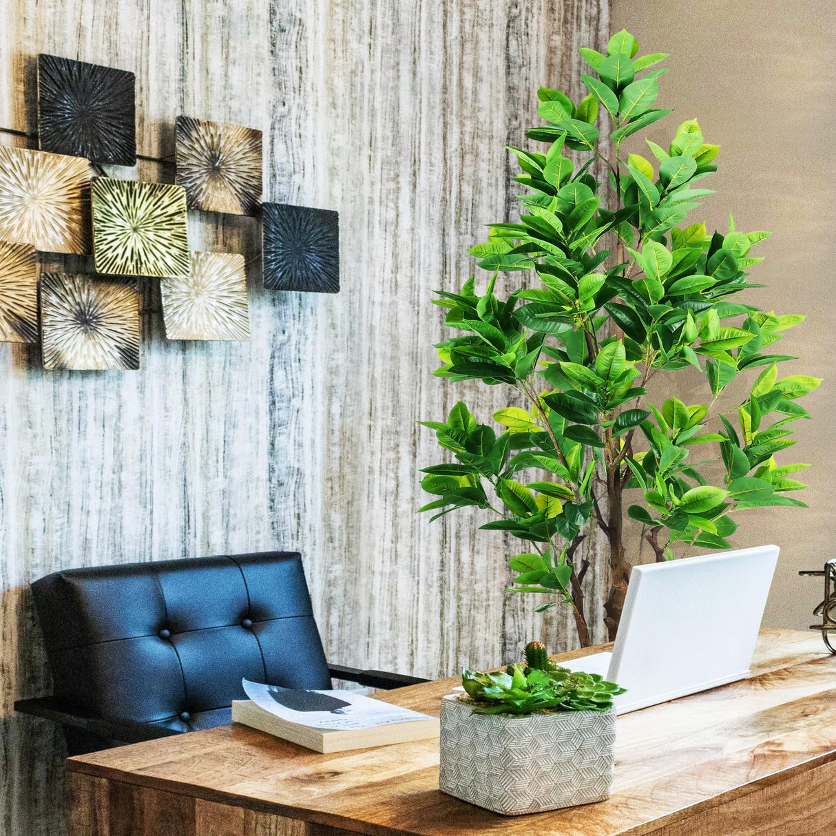 7.2ft Artificial Rubber Tree (85in) with Plastic Nursery Pot Fake Tree