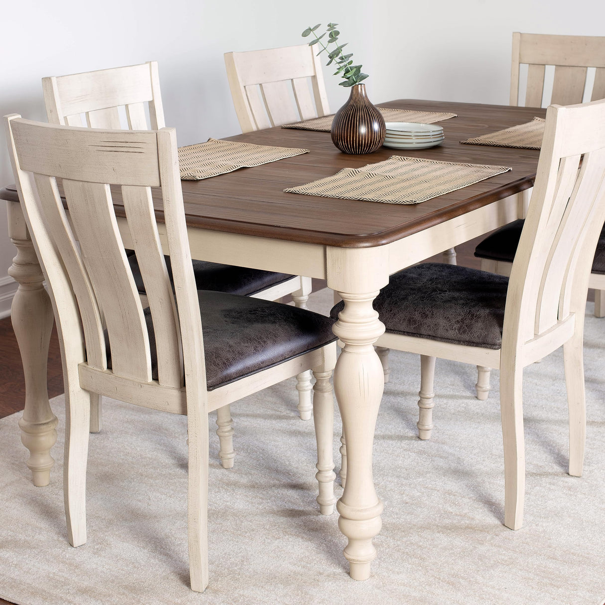Arch Solid Wood Dining Set: Table with Extension Leaf, Six Chairs, Distressed White and Dark