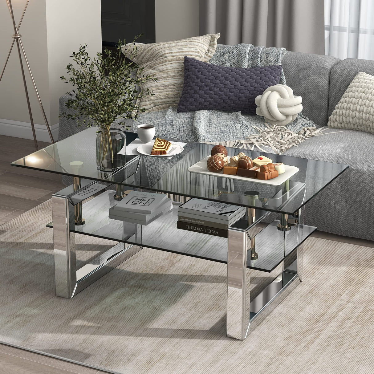 Mirrored Glass Coffee Table, Modern Side Coffee Table with Transparent Tempered Glass