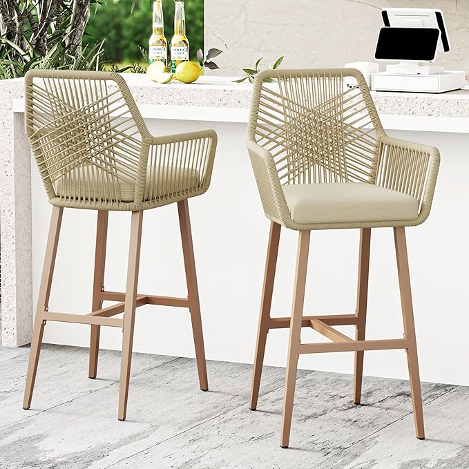 28'' Outdoor Counter Height Bar Stools Set of 2, Rattan Bar stools Boho Woven Patio