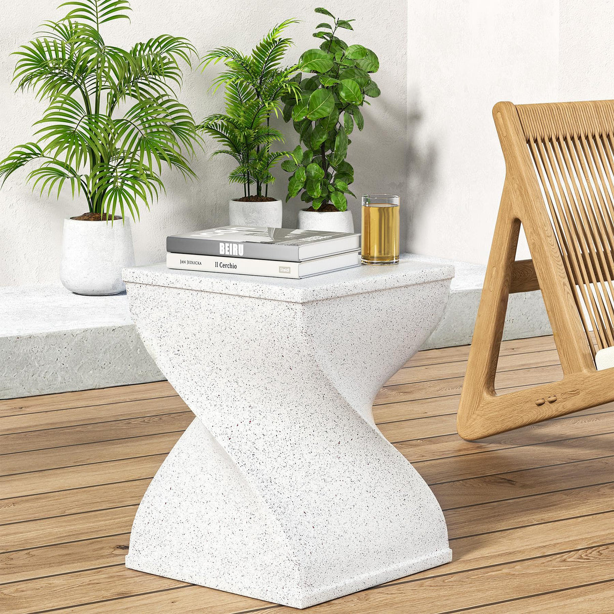 Outdoor Side Table, Concrete End Table, Round Accent Table for Indoor Modern Art Deco, Cement Side Tables for Outside Plant Stand, Artistic Style Tables Garden Stool for Patio (White - Square) - Bircata
