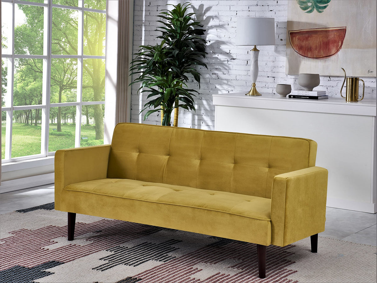 Container Furniture Direct Velvet Upholstered Convertible Folding Futon Sofa Bed Modern Tufted Sleeper Couch for Compact Living Room, Bedrooms, Apartments, and Dorm, 72 Inch, Golden Yellow