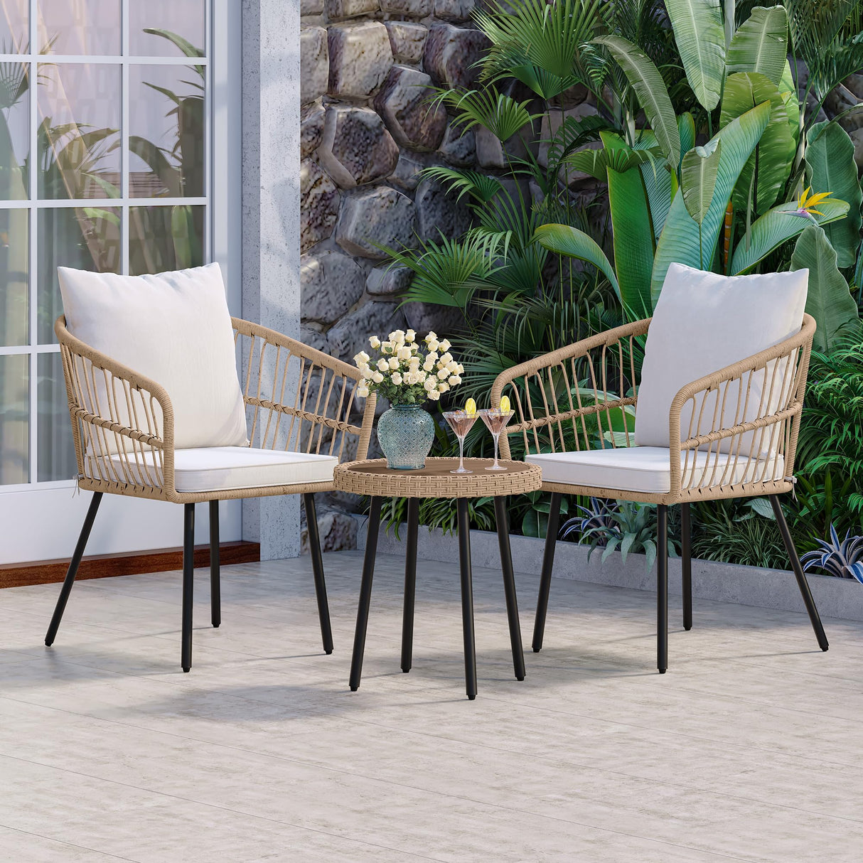 3 Pieces Outdoor Wicker Patio Conversation Bistro Set