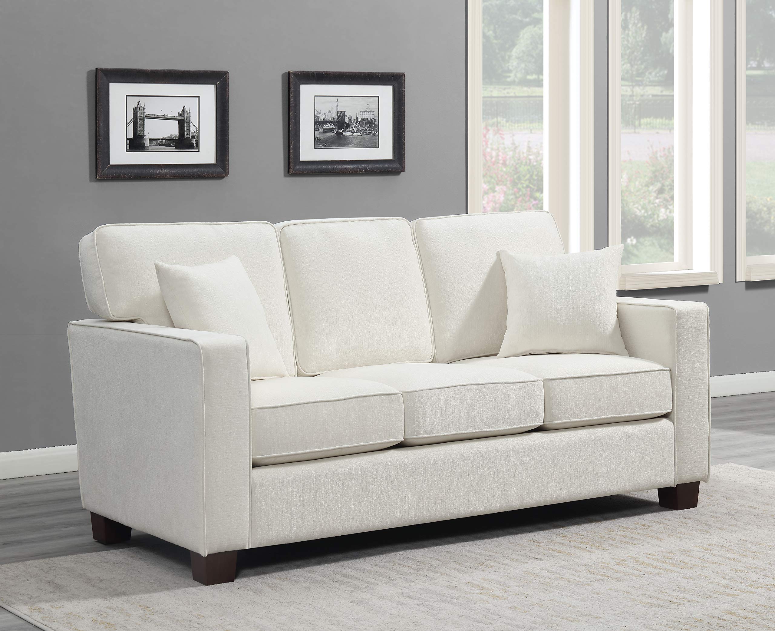 Furnishings Russell 3 Seater Sofa with 2 Pillows and Coffee Finished Legs, Ivory