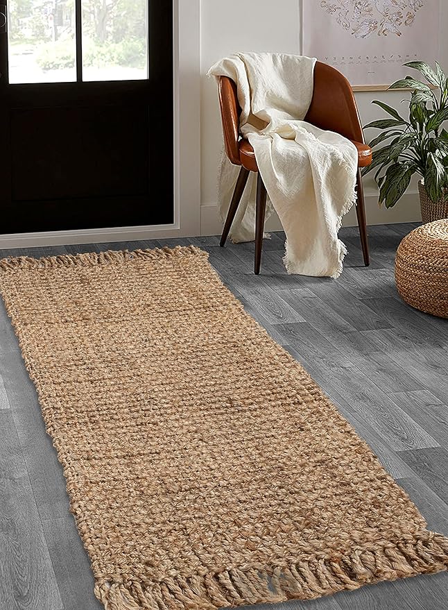 Hand Woven Jute Runner Rug 22"x72" - Natural, Reversible Farmhouse Boho Rustic