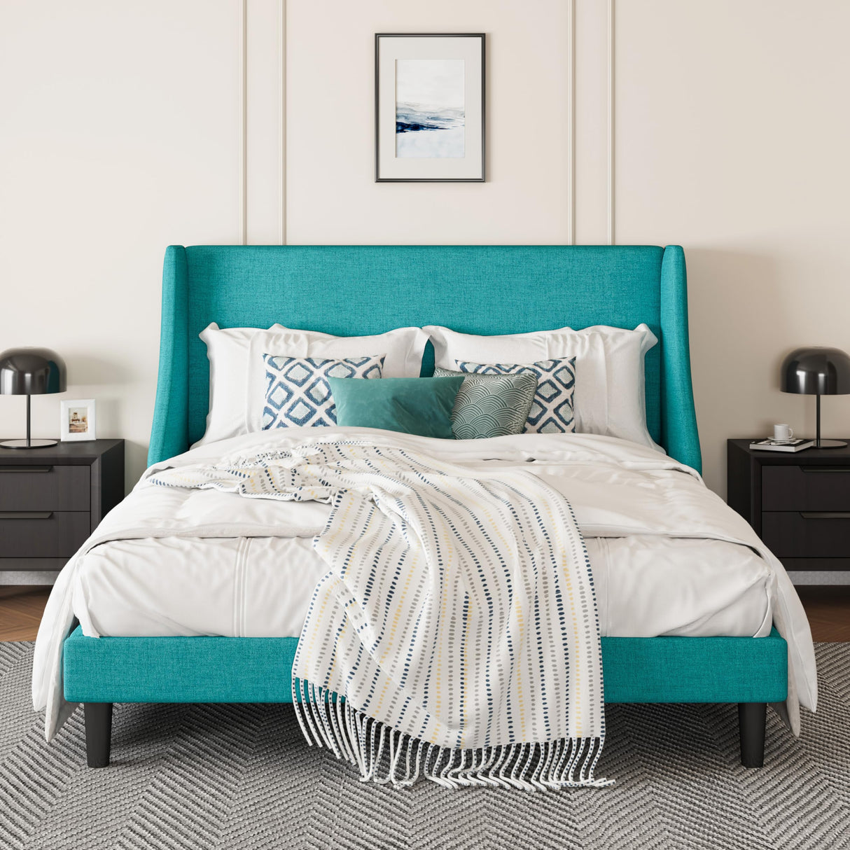 Upholstered Bed Frame Queen Size with Streamlined Wingback Headboard
