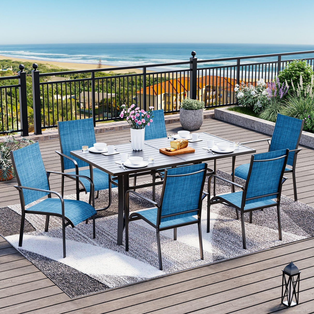 7-Piece Outdoor Patio Dining Set - 6 Stackable Texlin Sling Chairs & 63" Rustproof Steel