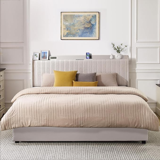 Queen Size Bed Frame, Velvet Upholstered Platform Bed