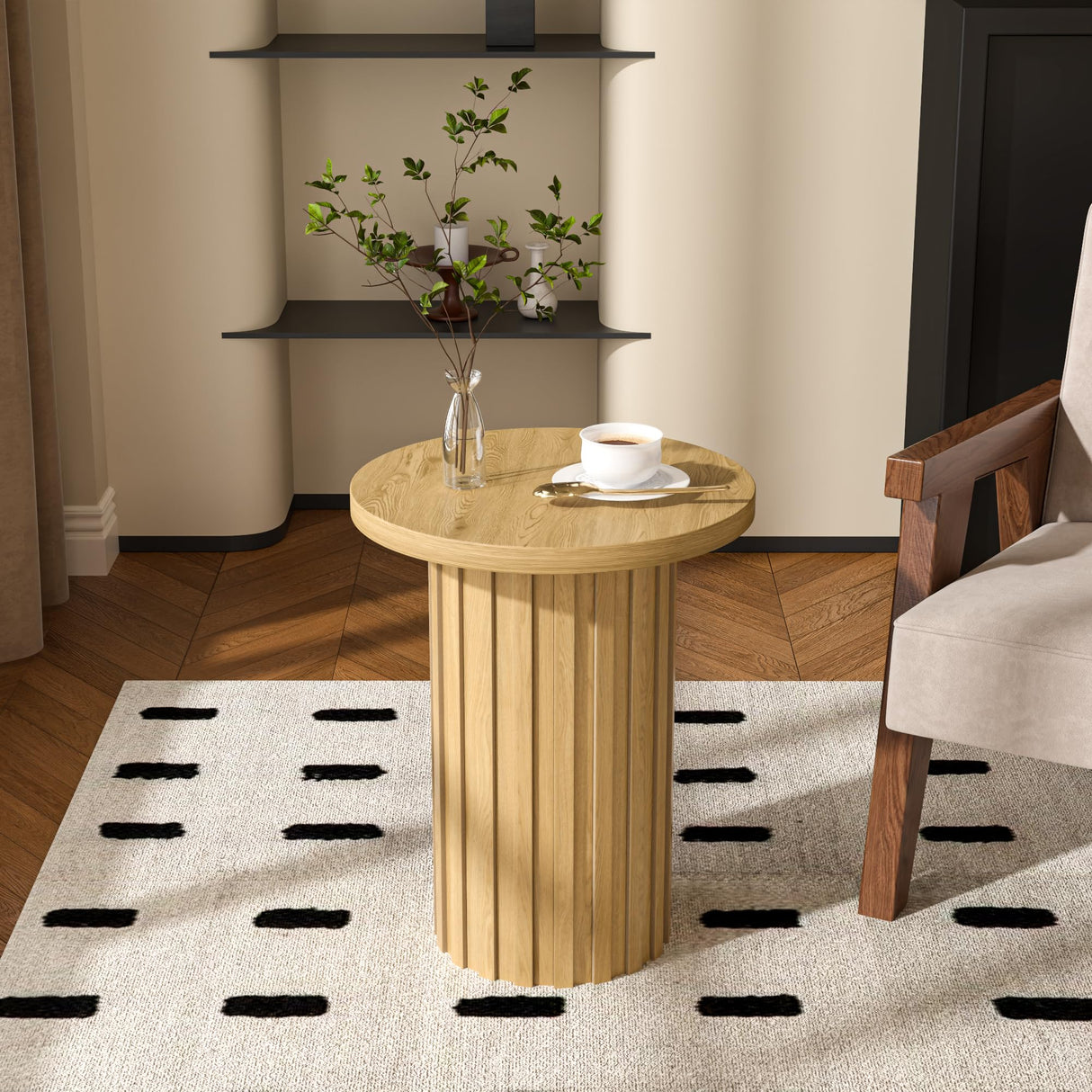 Farmhouse Pedestal End Table Round Side Table with Fluted Panel Rustic Drink Table