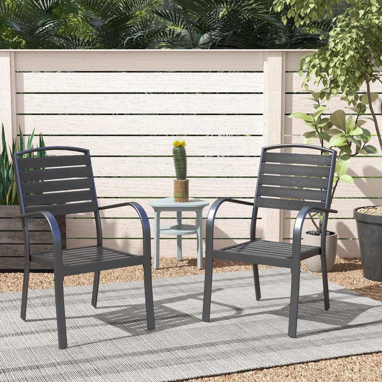 Patio Dining Chairs Set of 2, Aluminum Outdoor Dining Chairs with Faux Wood Slats