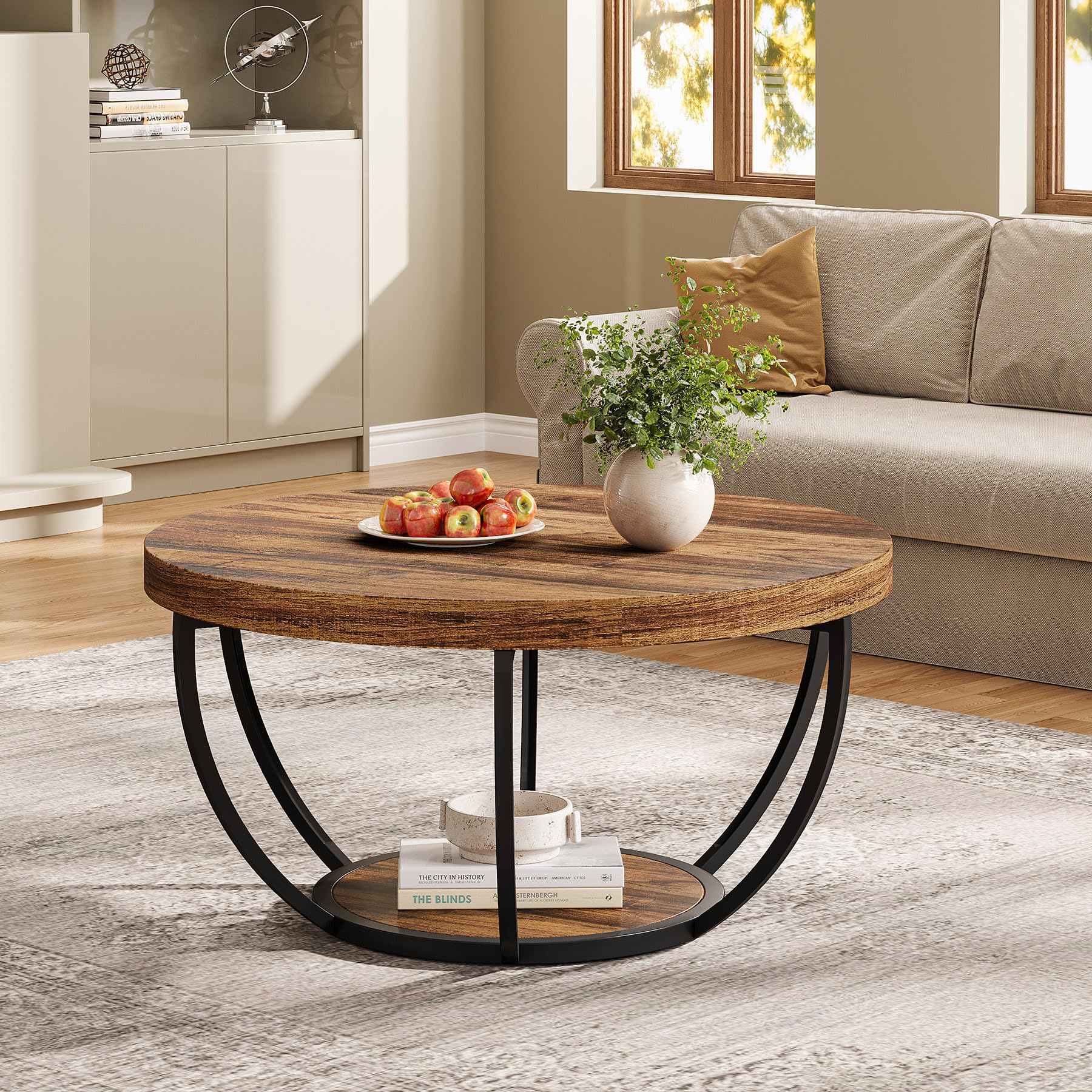 Round Coffee Table, 31.7" Wooden 2-Tier Circle Coffee Table with Storage Shelves