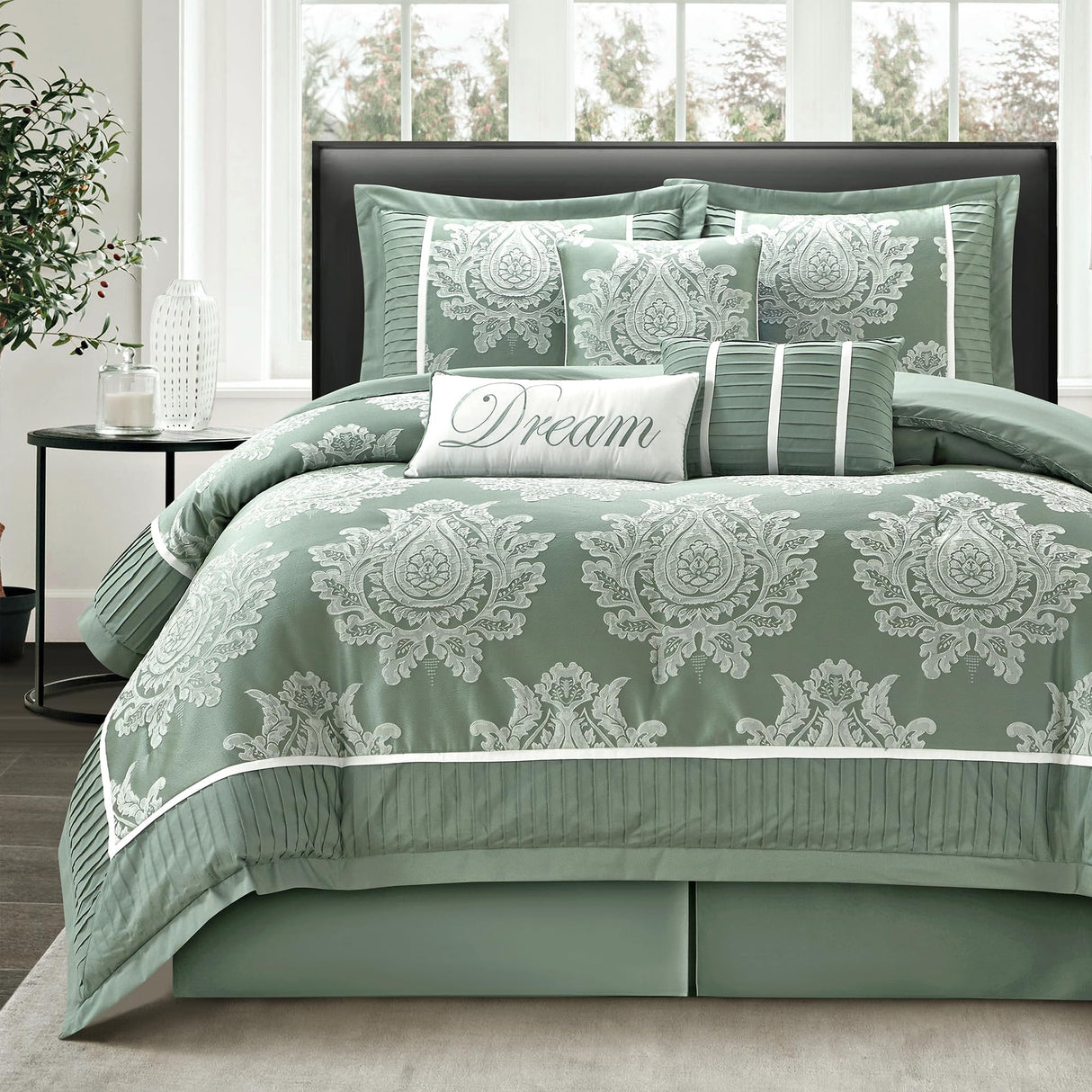 Sage California King Comforter Set 7 Pieces, Jacquard Woven with Damask, Bedding Set
