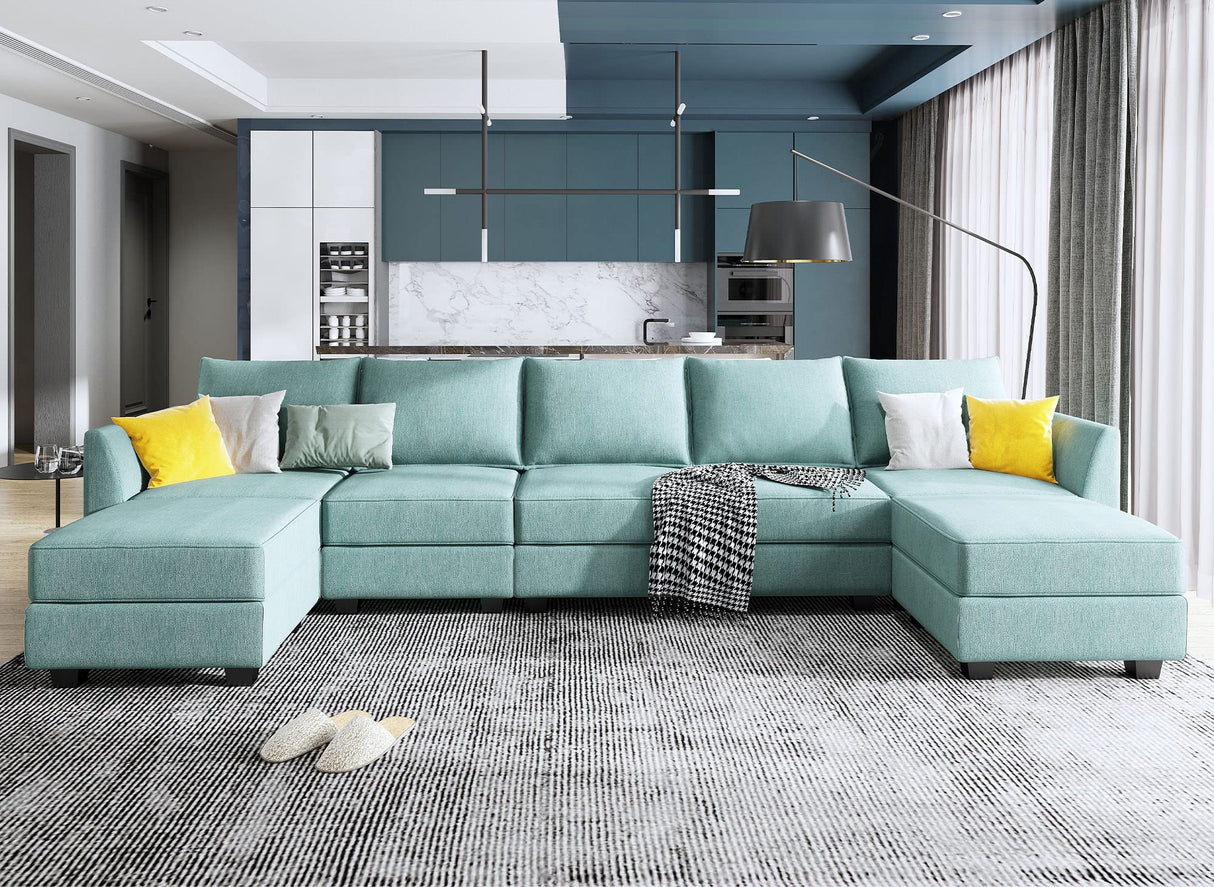 U Shape Corner Sectional Sofa Set, Aqua Blue