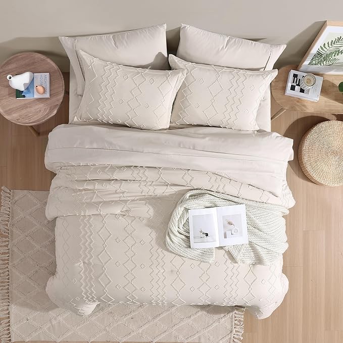 Queen Comforter Set 7 Pieces, Boho Tufted Bedding Comforter Sets for All Seasons