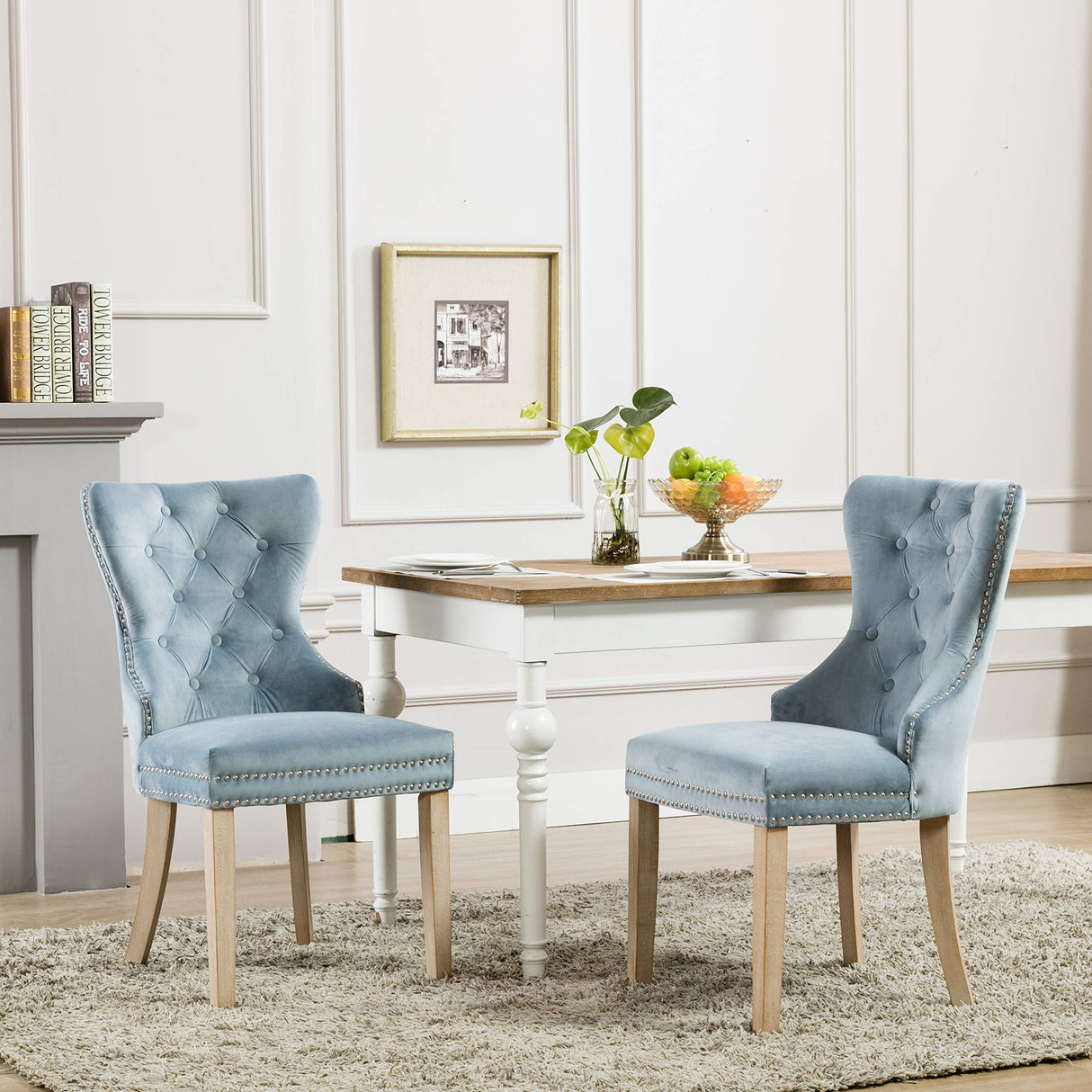 Blue Velvet Upholstered Dining Chairs with Nailhead Trim - Set of 2