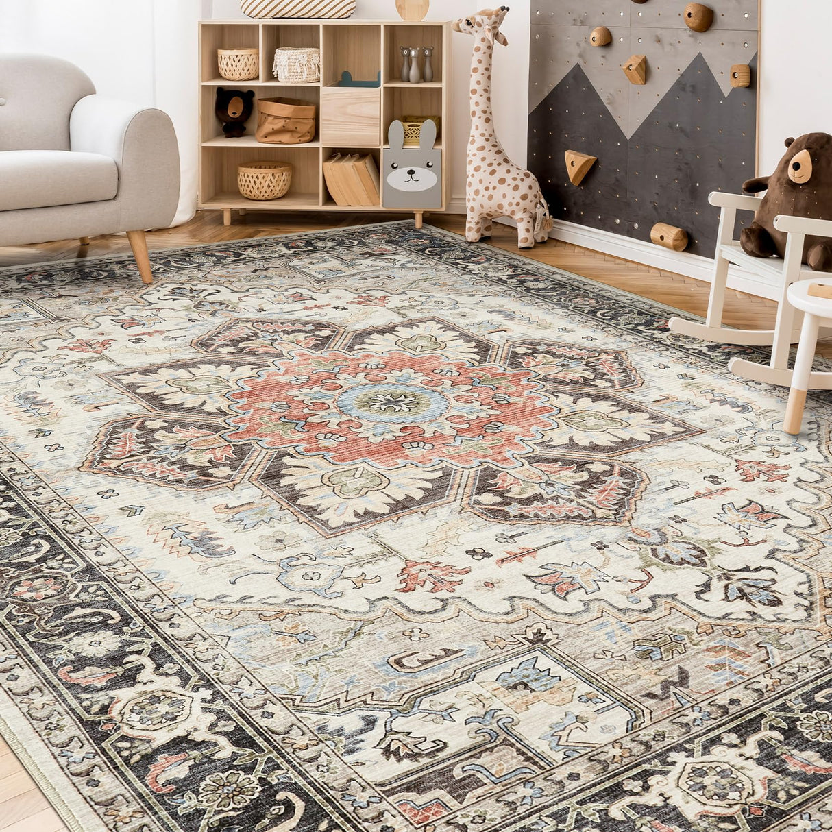 Area Rug 9x12 for Bedroom Living Room, Medallion Printed Ultra-Thin Soft Large Carpet