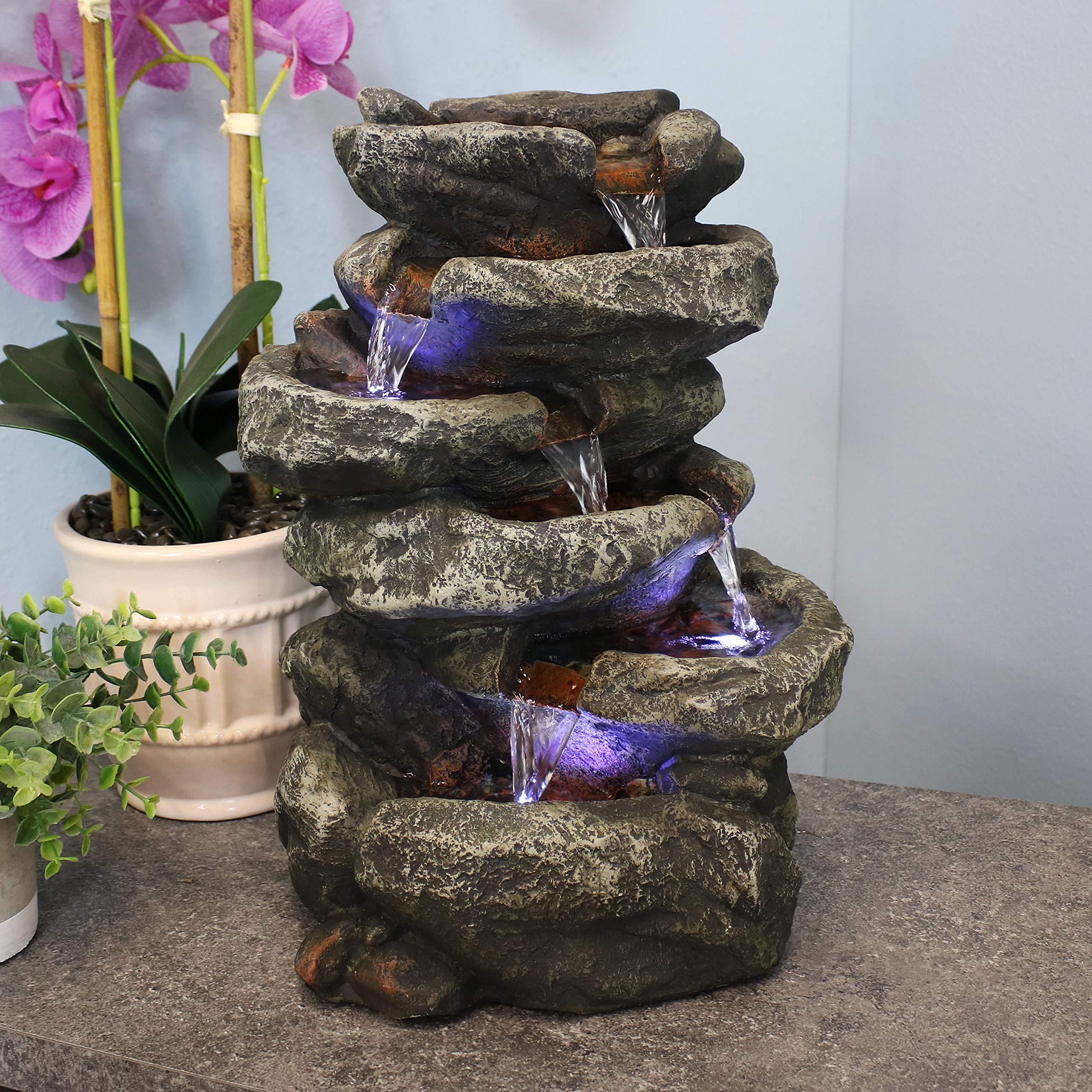 Stone Falls 15-Inch 6-Tier Tabletop Water Fountain with LED Lights - Electric