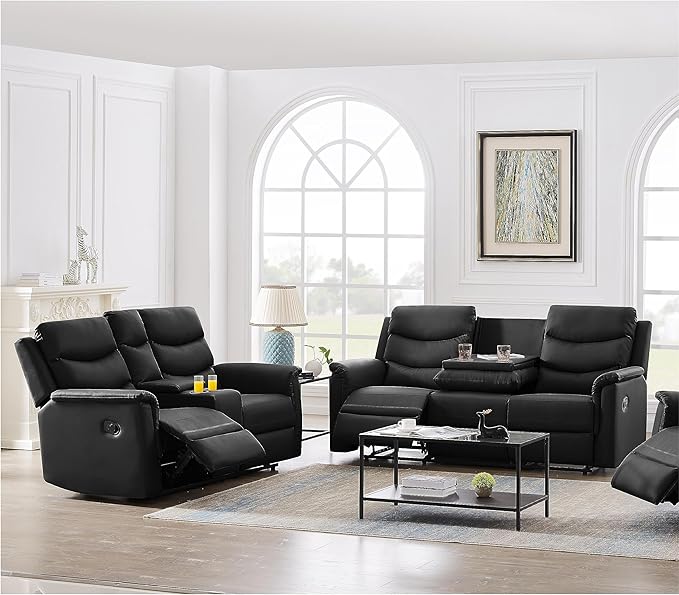 2 Pieces Faux Leather Manual Motion Reclining Sofa Set include 3 Seater Couch