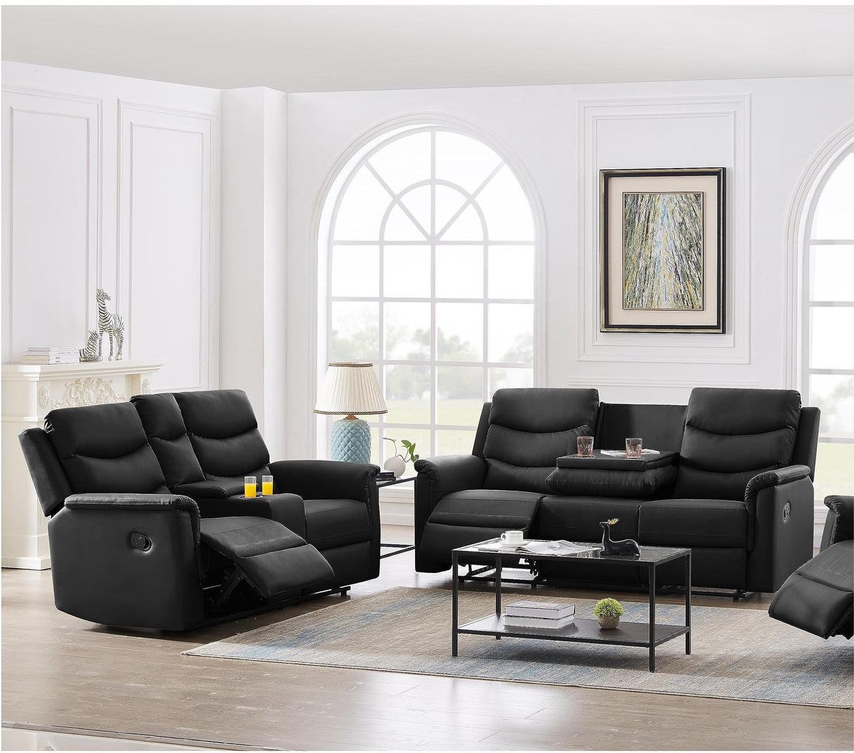 2 Pieces Faux Leather Manual Motion Reclining Sofa Set include 3 Seater Couch
