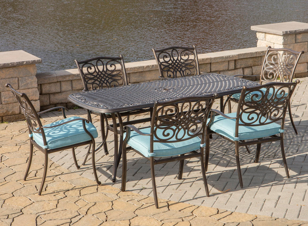 Traditions Seven Piece Aluminum Framed Polyester Outdoor Dining Set - Blue