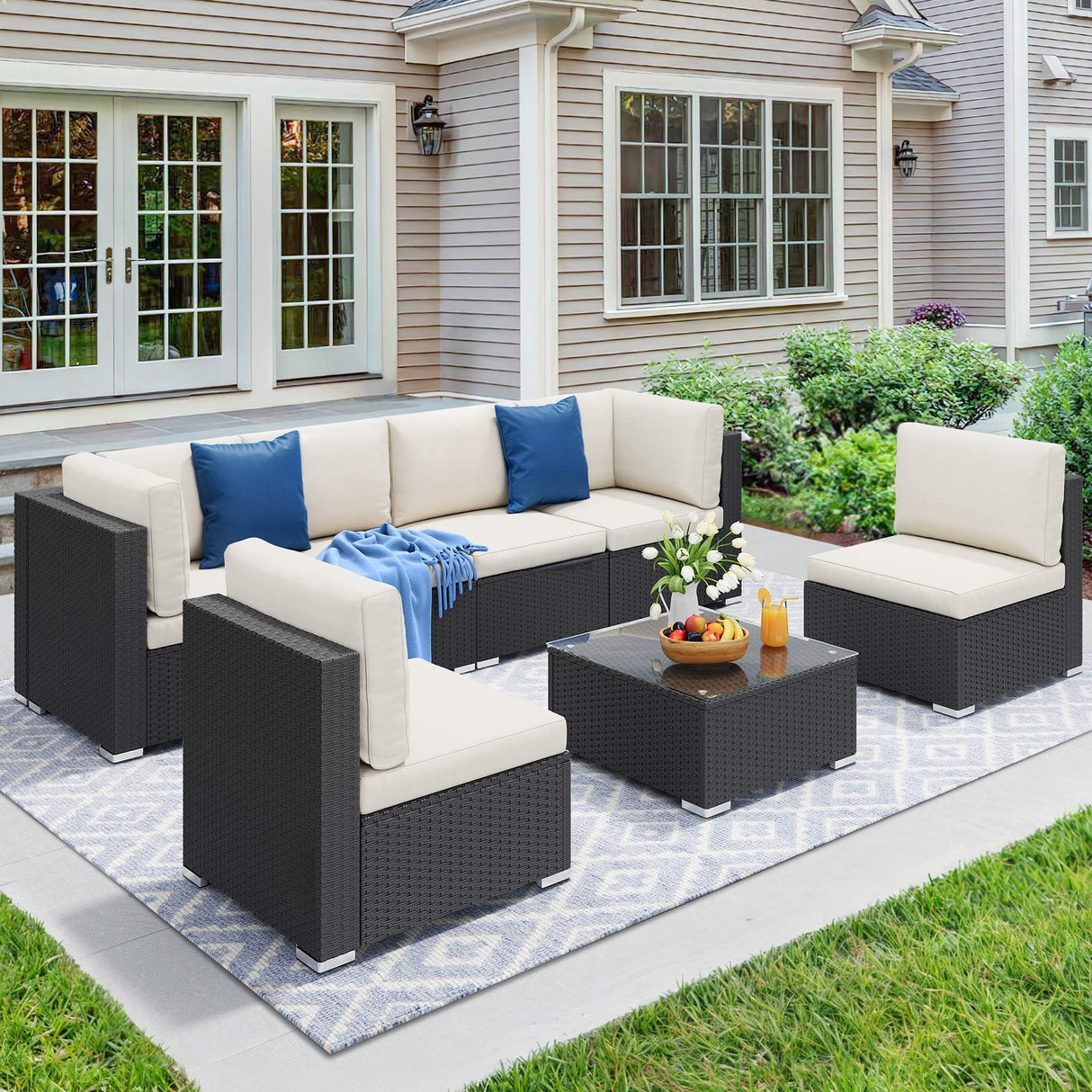 7 Pieces Patio Furniture Set, Sectional Sofa PE Rattan Wicker Conversation Set Outside