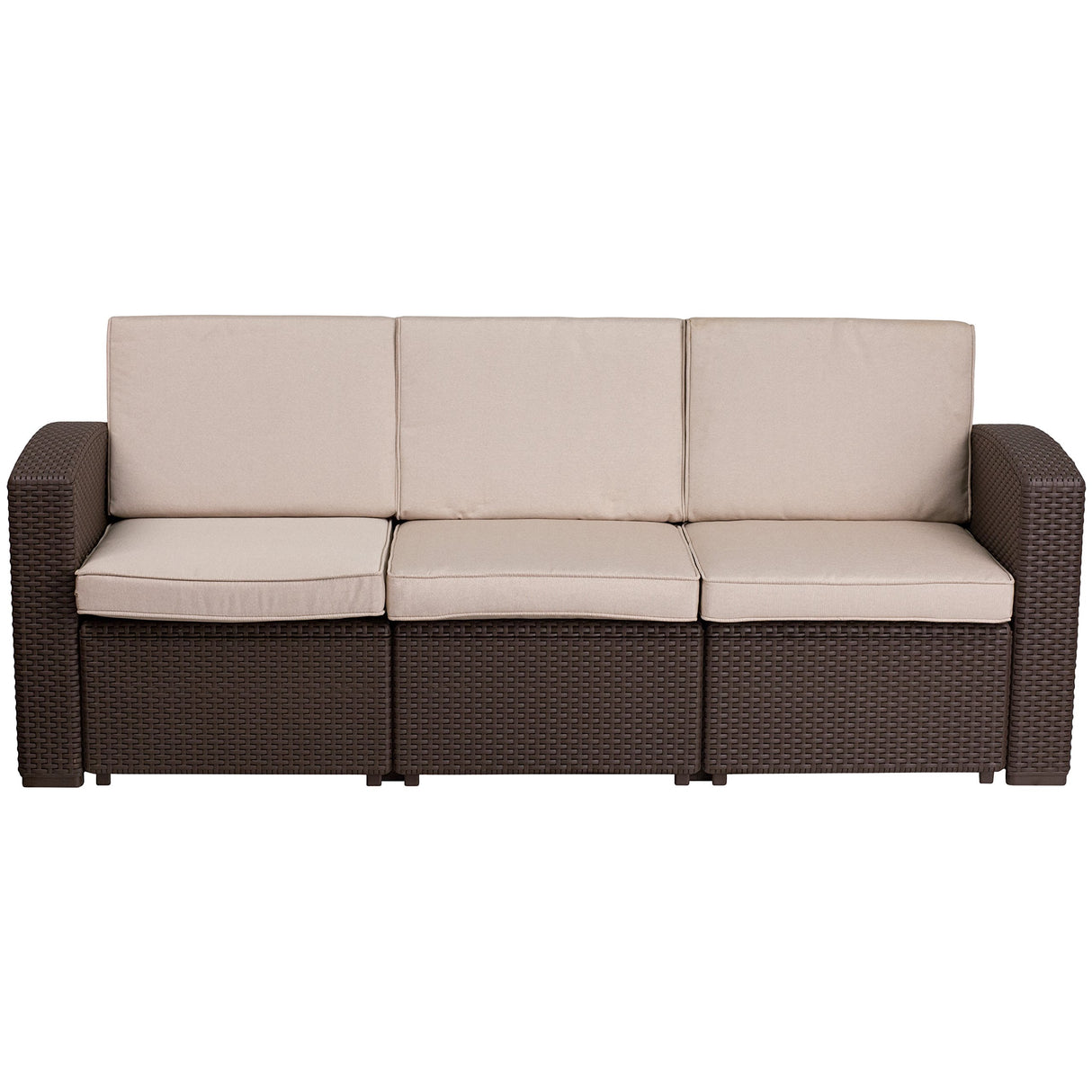 Flash Furniture Seneca Chocolate Brown Faux Rattan Sofa with All-Weather Beige Cushions
