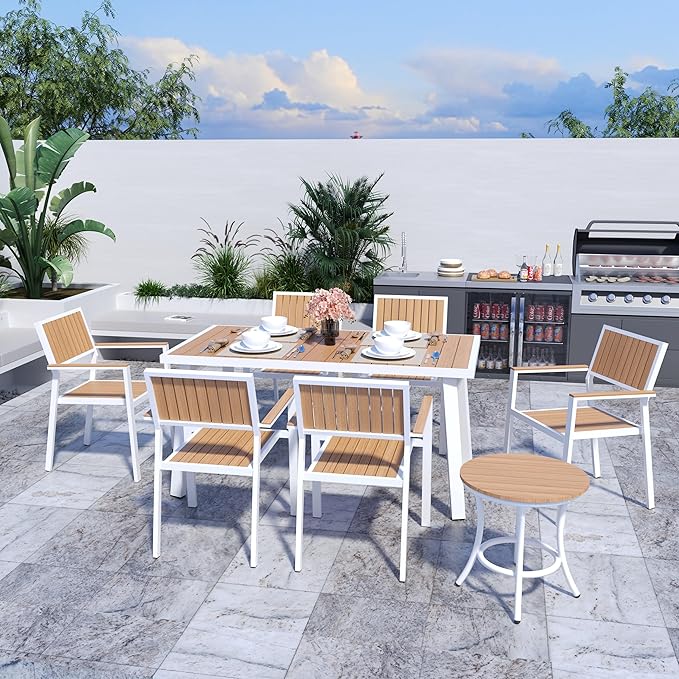 8-Piece Patio Dining Set,Outdoor Aluminum Furniture Set with Plastic-Wood Table Top