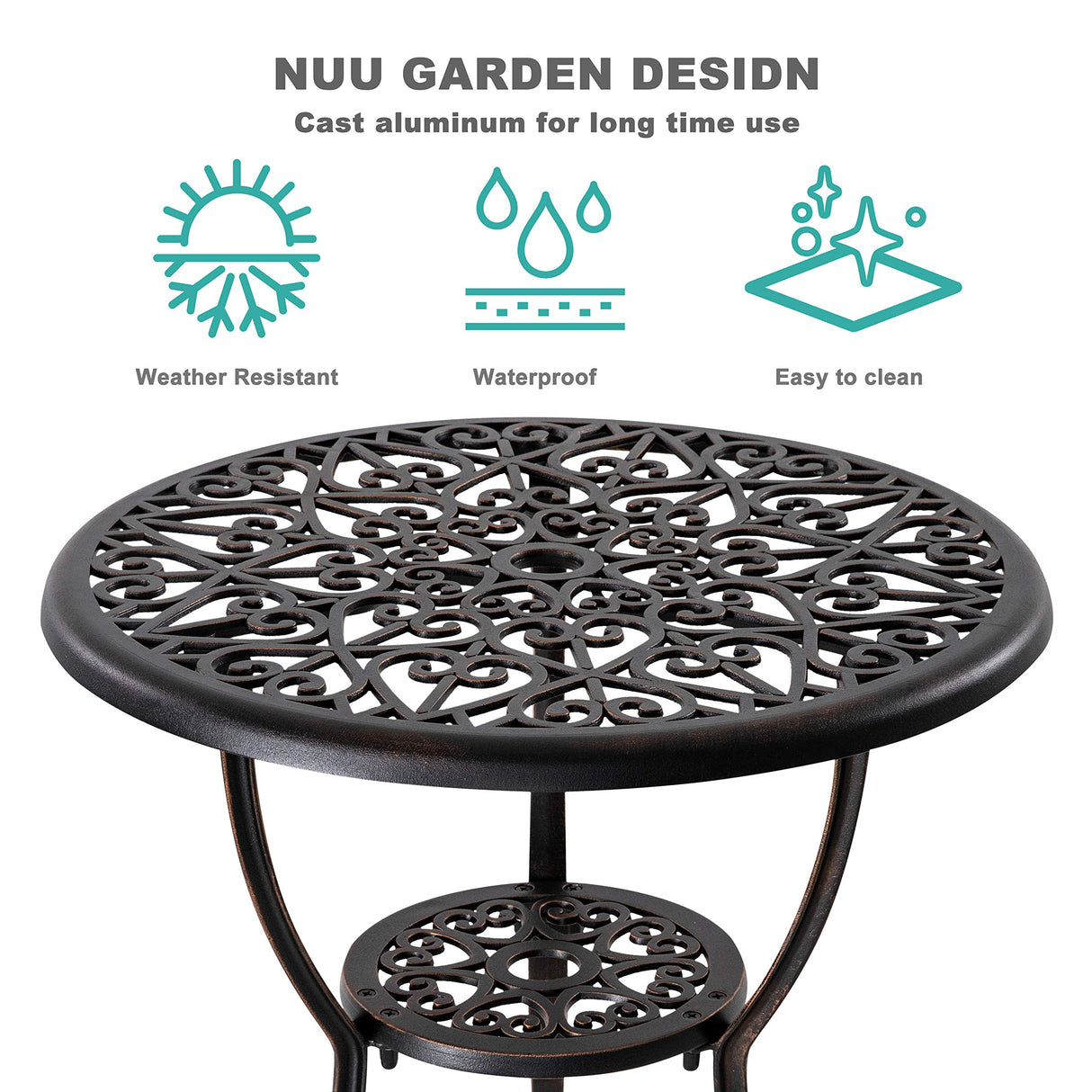 NUU GARDEN 3 Piece Outdoor Bistro Set Cast Aluminum Patio Set Bistro Table Set Rustproof Patio Table and Chairs with Umbrella Hole for Backyard, Balcony, Front Porch, Black