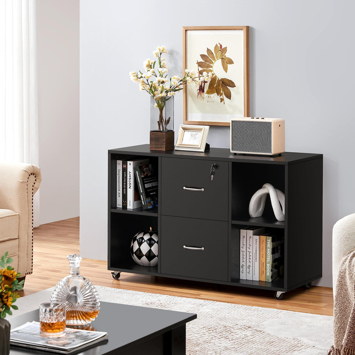 Black File Cabinet Large Mobile Storage Lateral Filing Cabinet