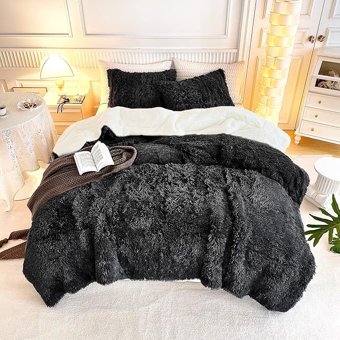 Gray Faux Fur Comforter Set Full/Queen 3 Pieces - 1 Shaggy Comforter 90x90 and