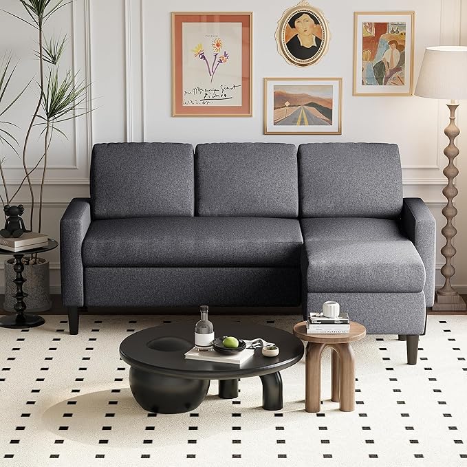 Small Convertible Sectional Sofa Couch with Ottoman, 3 Seat L Shaped Sofa