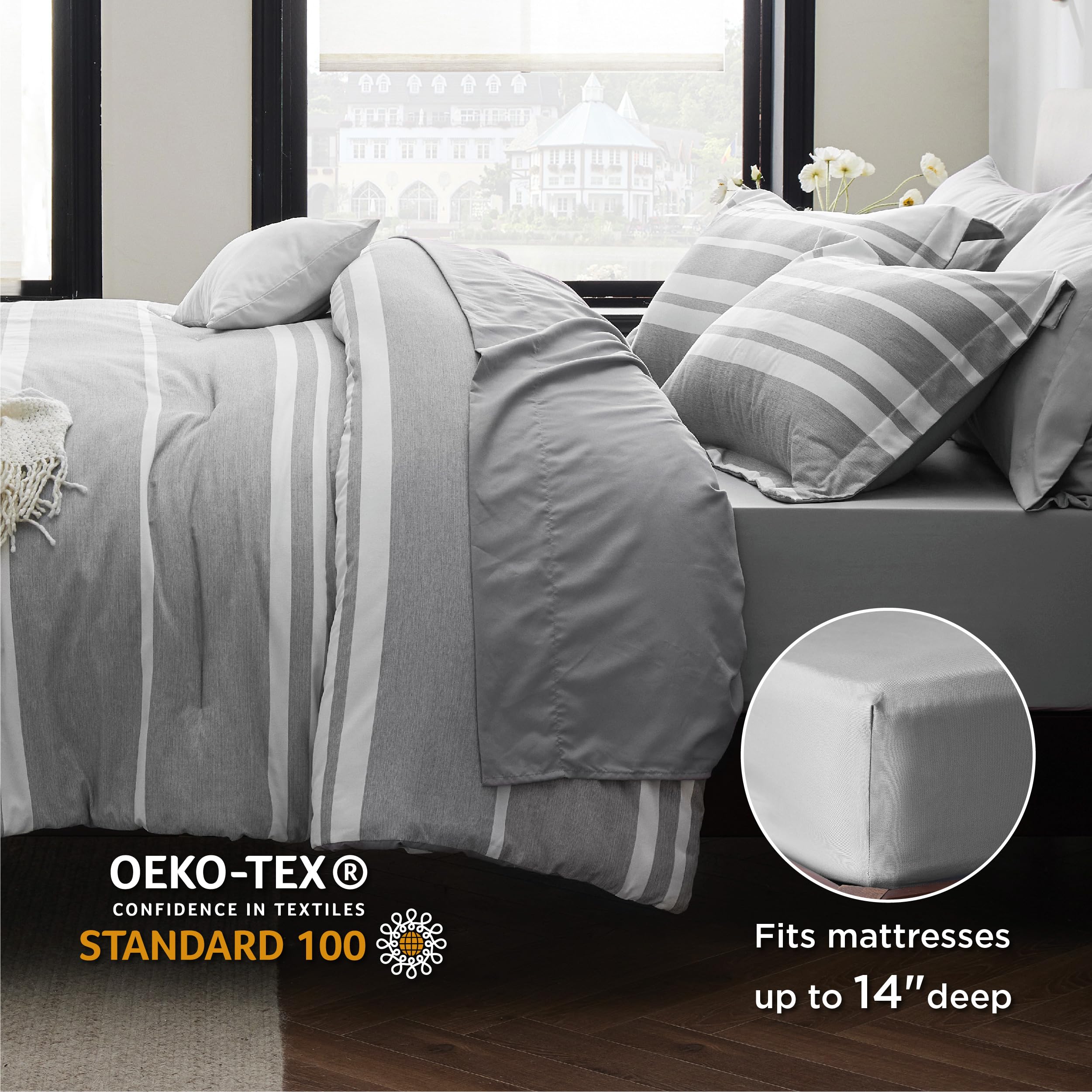 Bedsure Twin Comforter Set 5 Pieces, Gray White Striped Twin Bedding Sets All Season Bed Set, Twin Bed in a Bag with Comforter, Sheets, Pillowcase & Sham