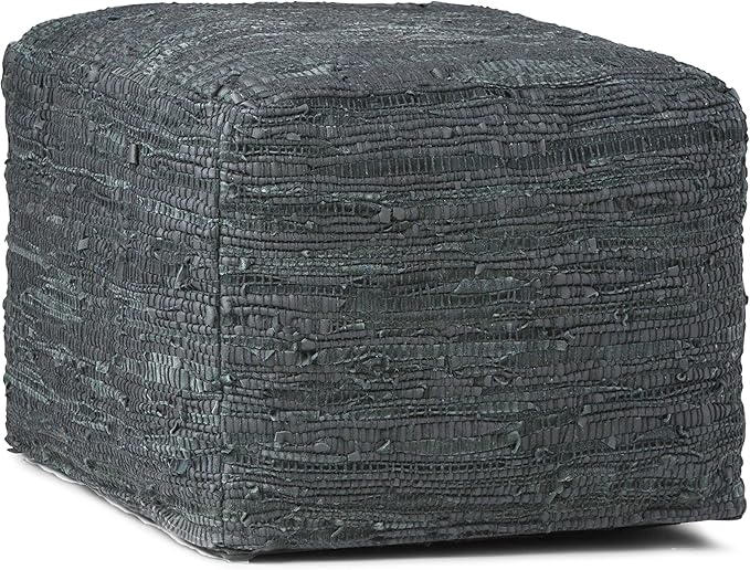Fredrik Boho Square Pouf in Black Woven Genuine Leather for the Living Room, Bedroom