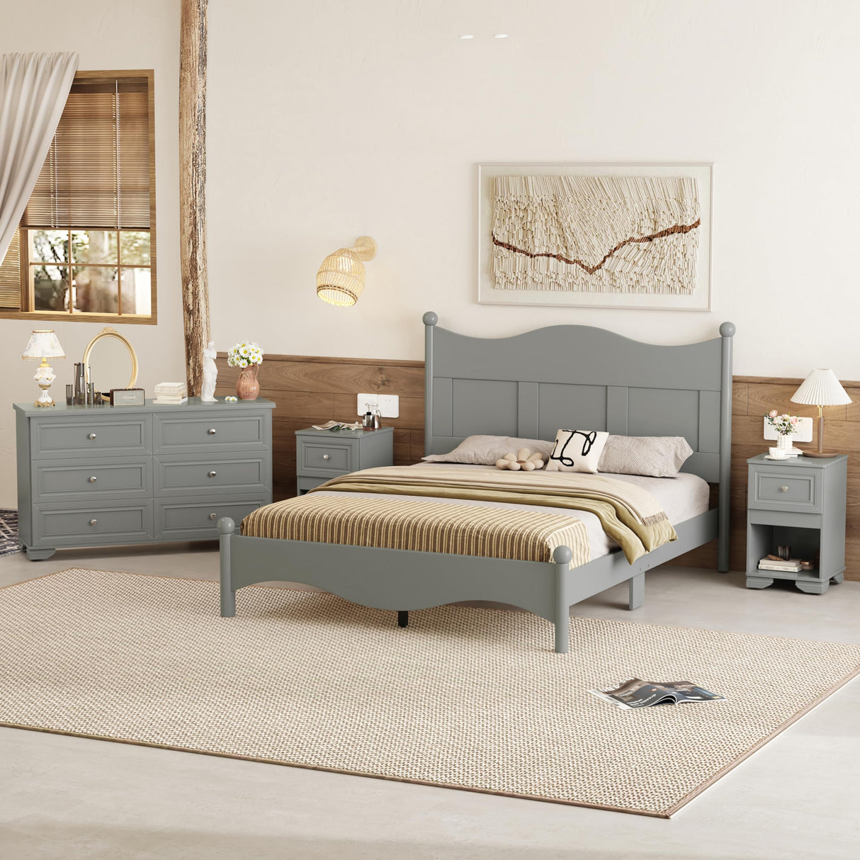 4 Pieces Queen Bedroom Sets, Including Retro Platform Bed Frame