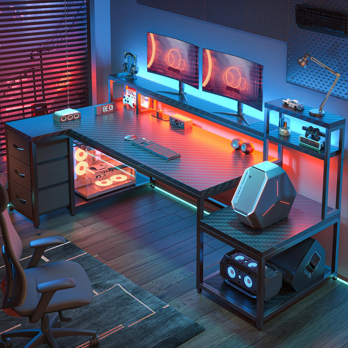 71'W L Shaped Gaming Desk, Computer Desk with Power Outlet & LED Lights