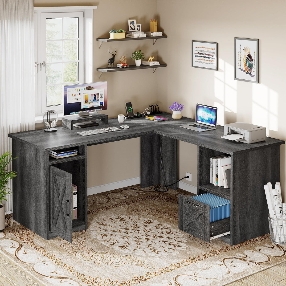 PowerMax 60” L-Shaped Computer Desk with USB & Power Outlets