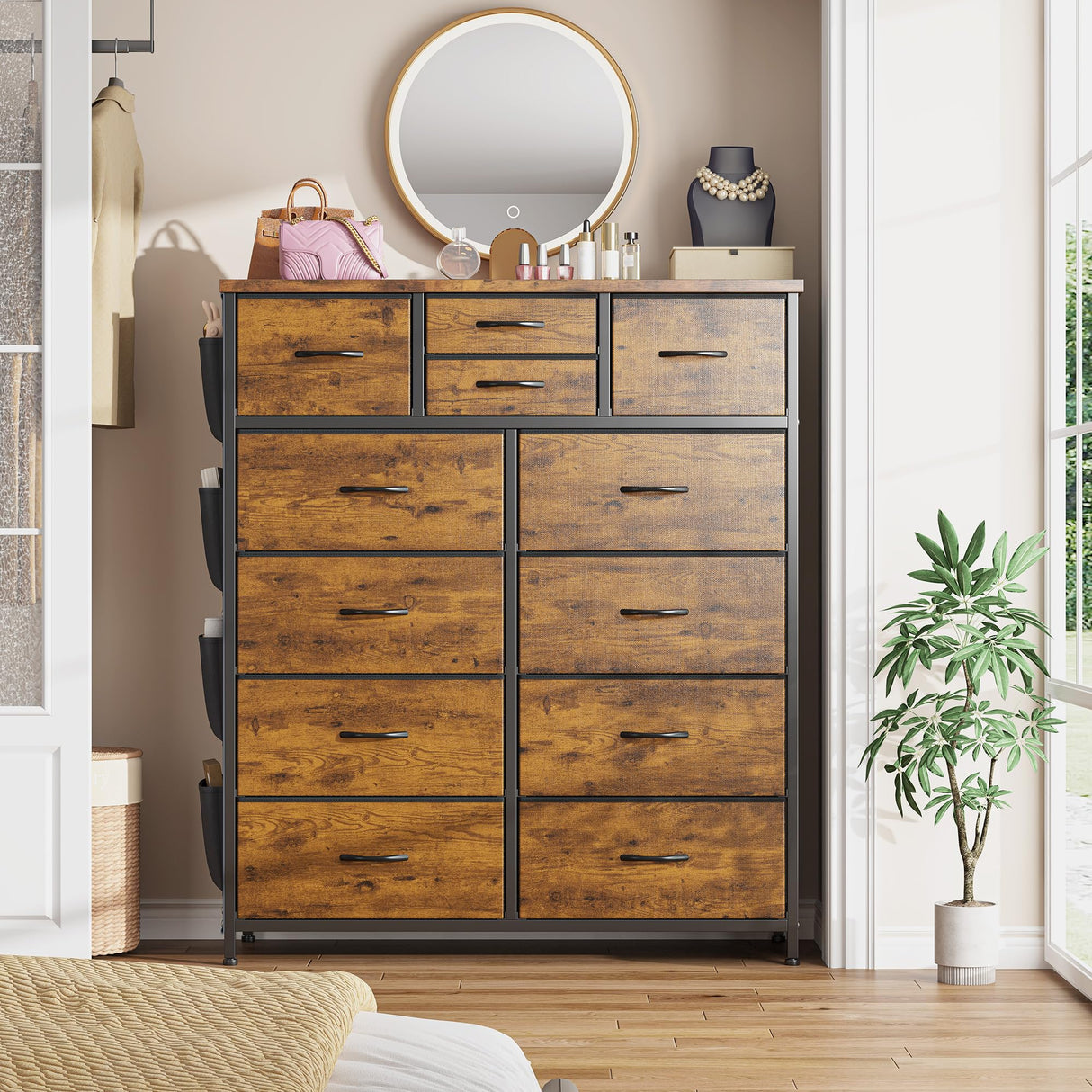 Tall Dresser for Bedroom with 12 Drawers,Dresser Chest of Drawers with Side Pockets