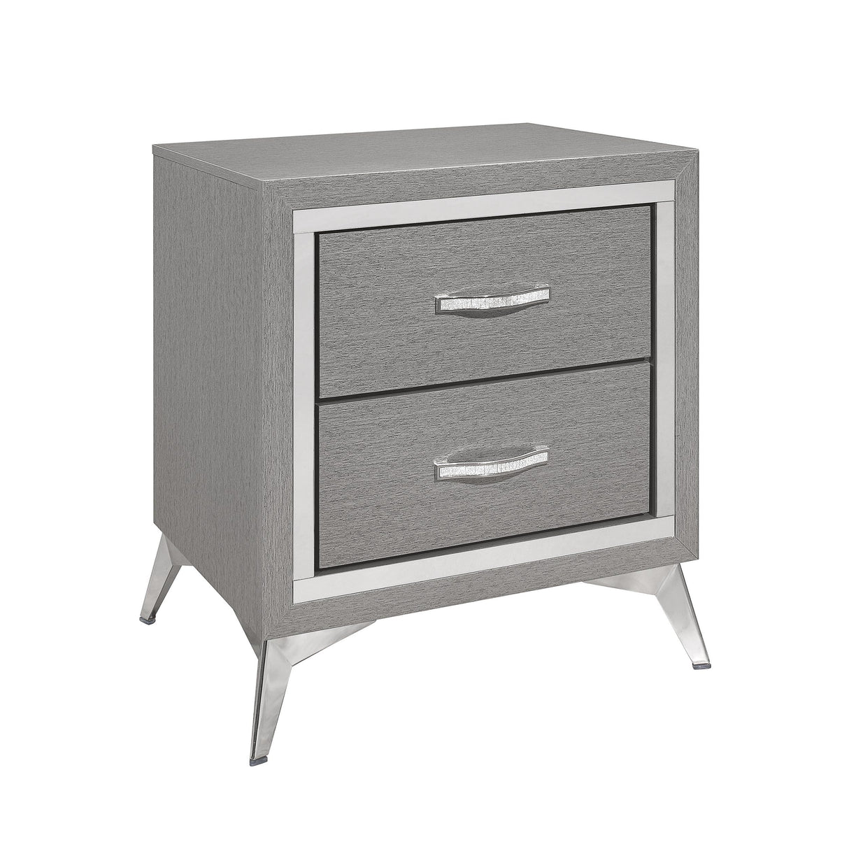 2 Drawer Embossed Smooth Gray Wood & Silver Trim Nightstand
