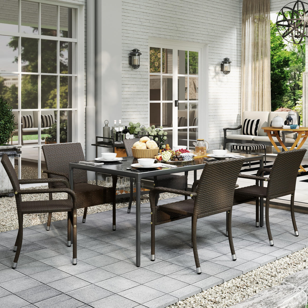 Set of 2 Stackable Outdoor Rattan Dining Chairs, All-Weather Armchair w/Armrests